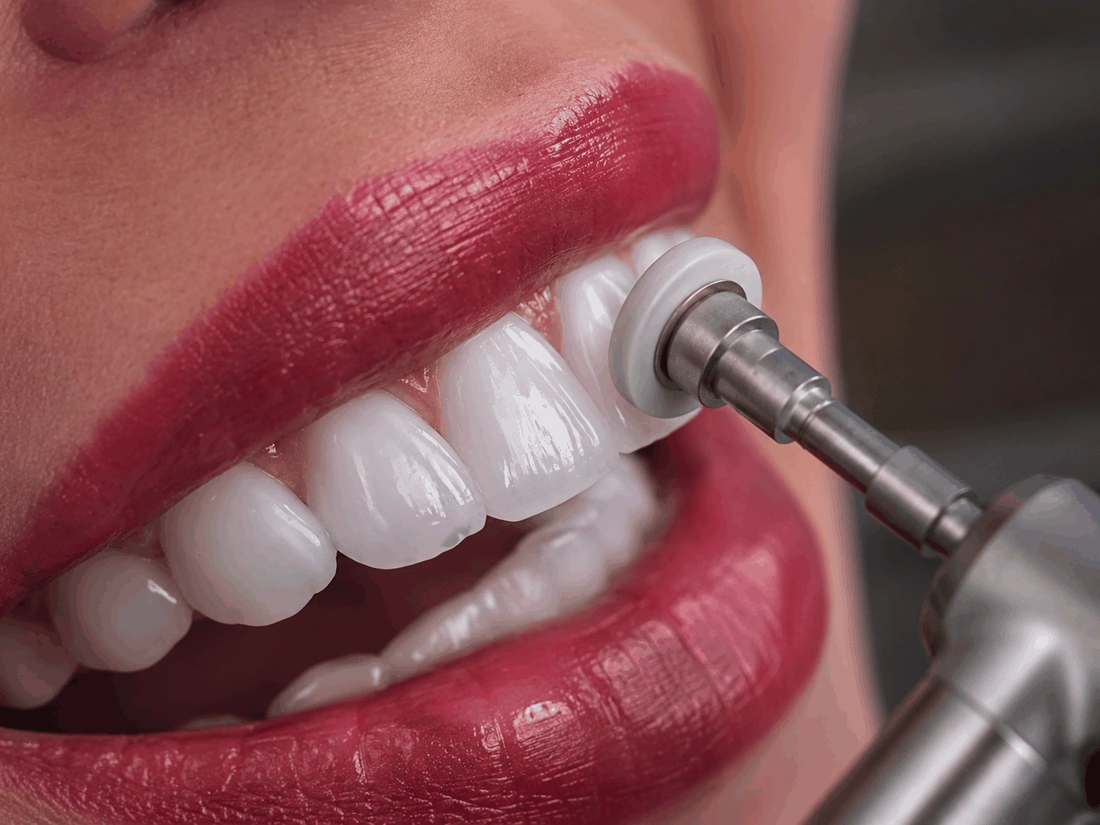 Polimento final do dente com reflexo de luz no esmalte
