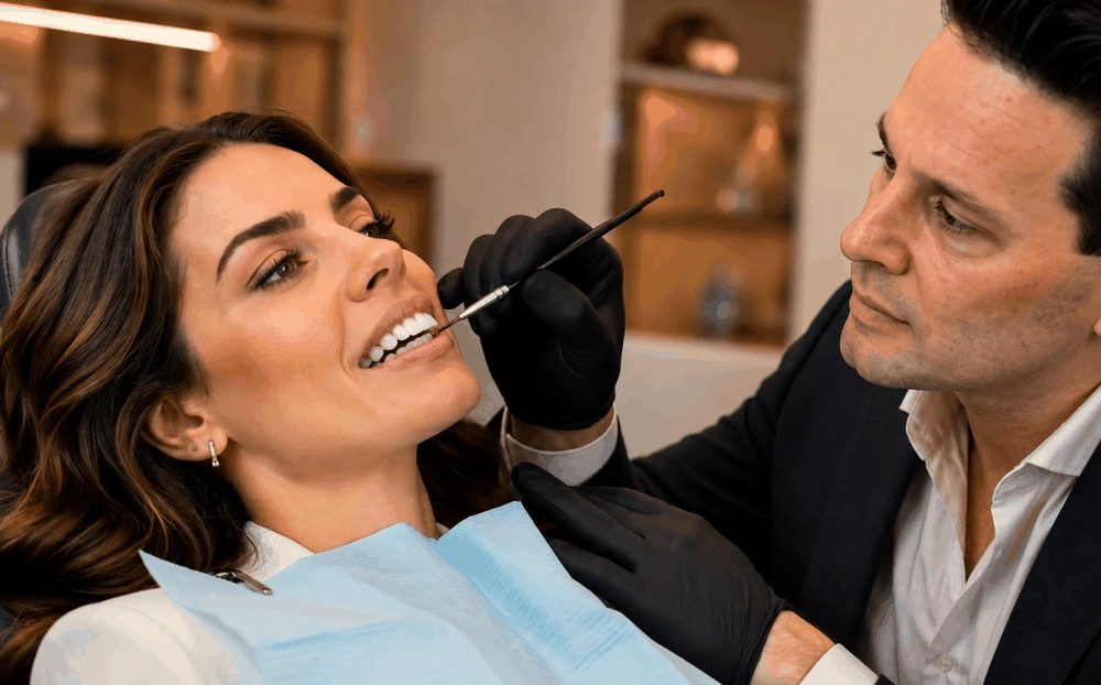 Dr. Leandro Machado aplicando resina diretamente sobre o dente da paciente com pincel fino, trabalho artesanal