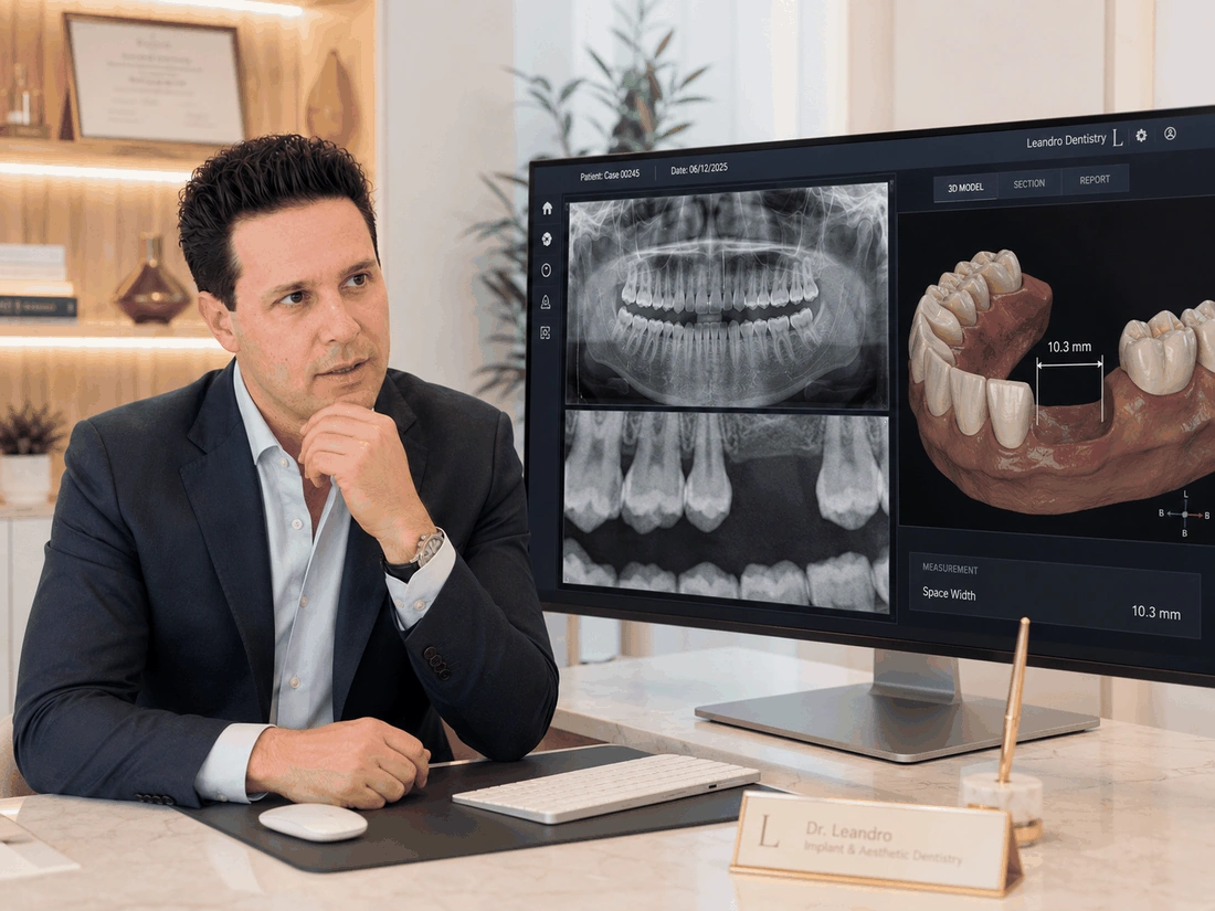 Avaliação do espaço para o implante em radiografia e escaneamento 3D no monitor